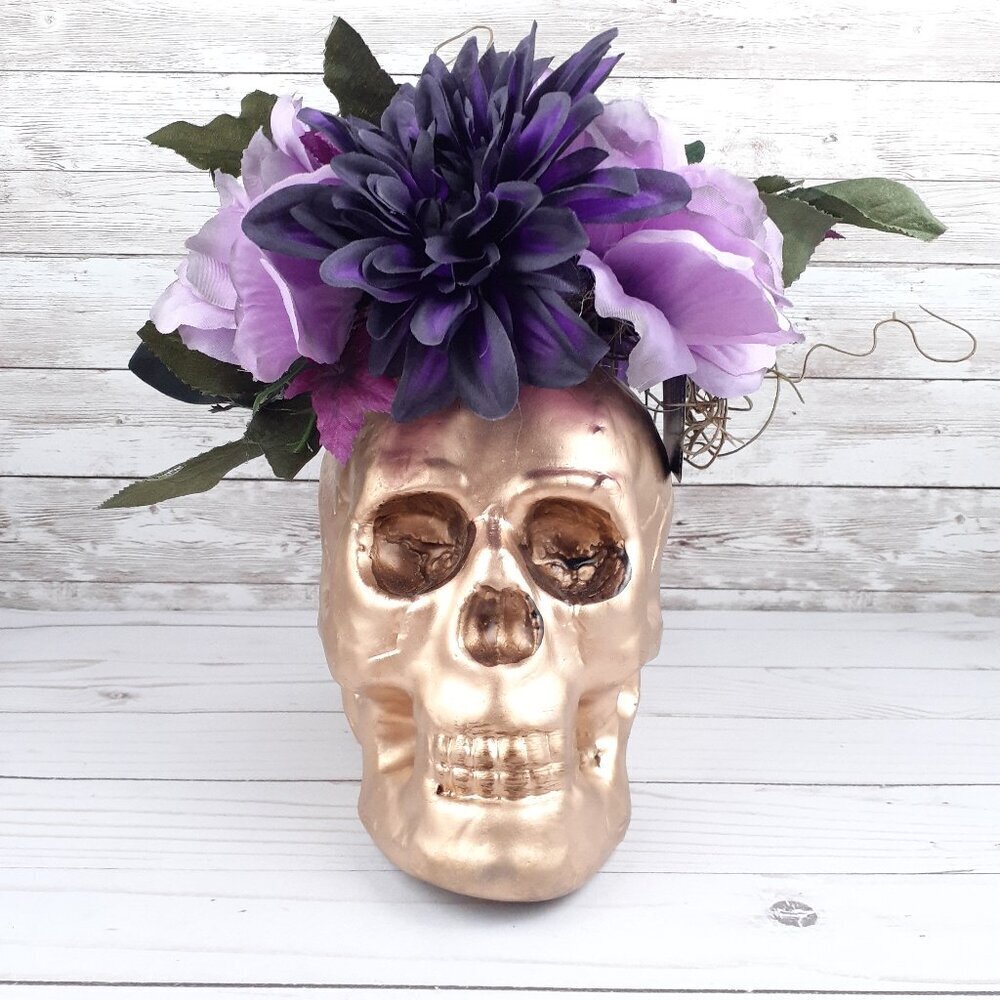 Halloween Gold Skull Faded Purple Flowers Wicked Garden
